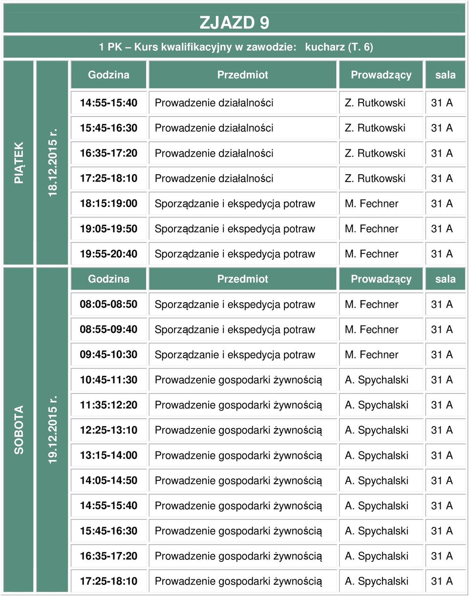 Fechner 31 A 19:55-20:40 Sporządzanie i ekspedycja potraw M. Fechner 31 A 08:05-08:50 Sporządzanie i ekspedycja potraw M. Fechner 31 A 08:55-09:40 Sporządzanie i ekspedycja potraw M.