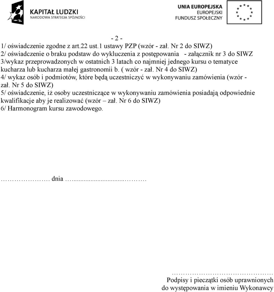 kursu o tematyce kucharza lub kucharza małej gastronomii b. ( wzór - zał.