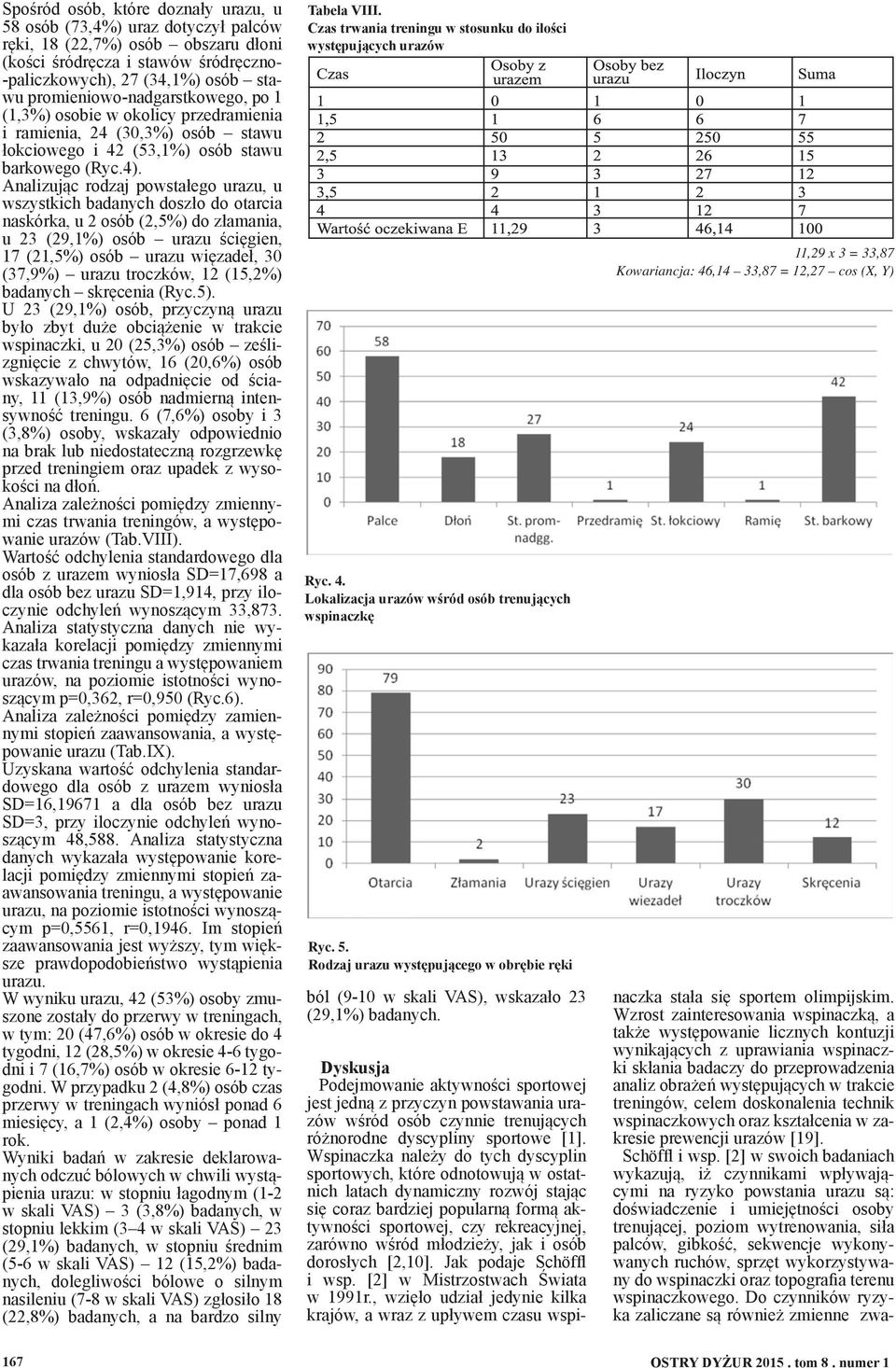 Analizując rodzaj powstałego urazu, u wszystkich badanych doszło do otarcia naskórka, u 2 osób (2,5%) do złamania, u 23 (29,1%) osób urazu ścięgien, 17 (21,5%) osób urazu więzadeł, 30 (37,9%) urazu
