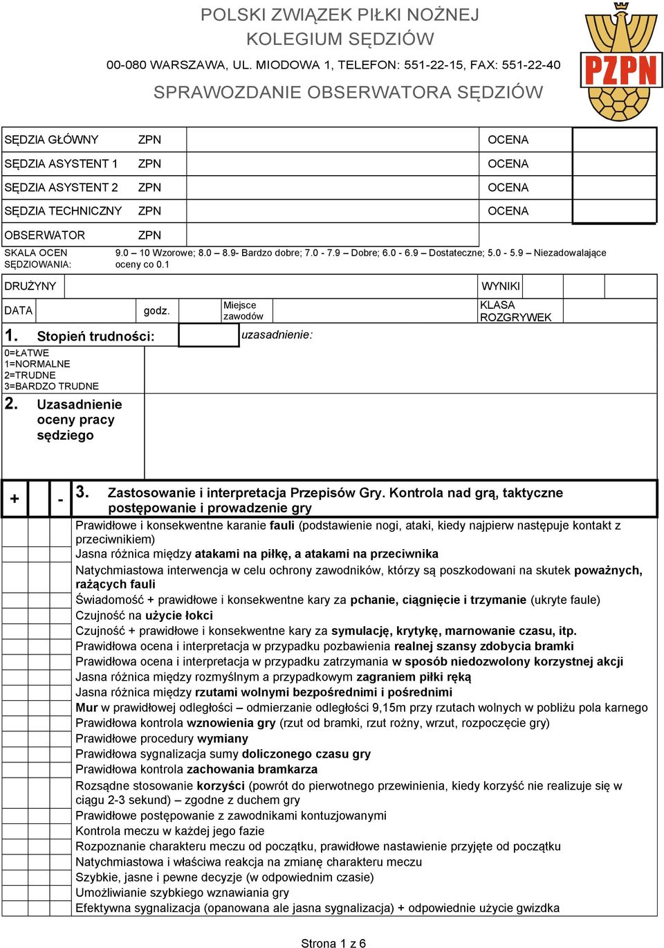 SKALA OCEN SĘDZIOWANIA: ZPN 9.0 10 Wzorowe; 8.0 8.9- Bardzo dobre; 7.0-7.9 Dobre; 6.0-6.9 Dostateczne; 5.0-5.9 Niezadowalające oceny co 0.1 DRUŻYNY DATA godz. Miejsce zawodów 1.