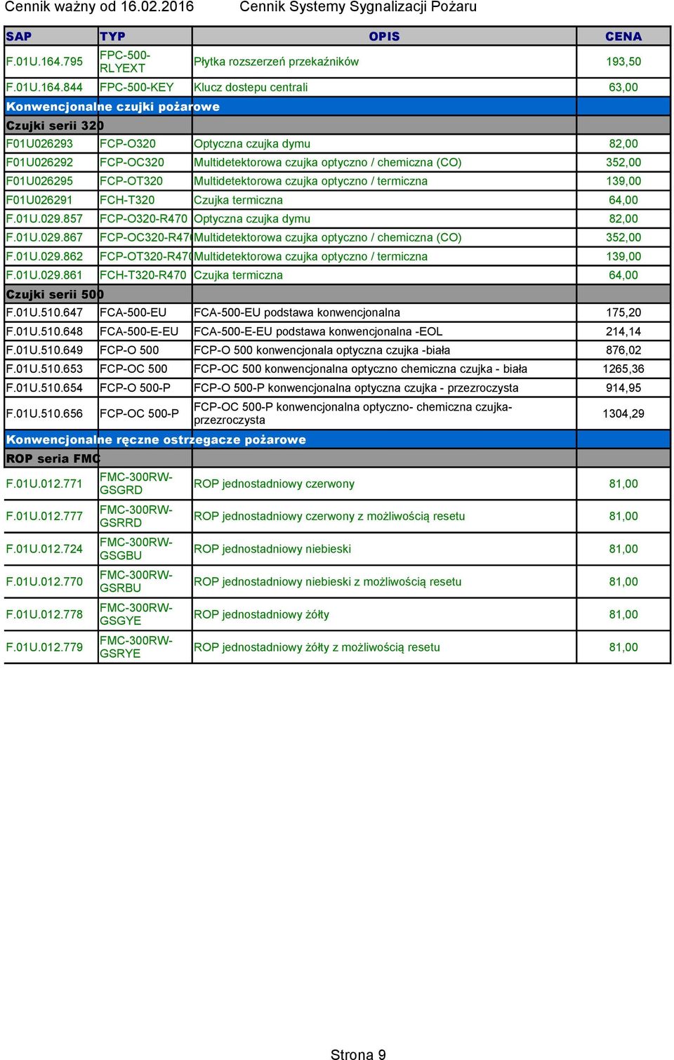 F01U026292 FCP-OC320 Multidetektorowa czujka optyczno / chemiczna (CO) 352,00 F01U026295 FCP-OT320 Multidetektorowa czujka optyczno / termiczna 139,00 F01U026291 FCH-T320 Czujka termiczna 64,00 F.01U.029.