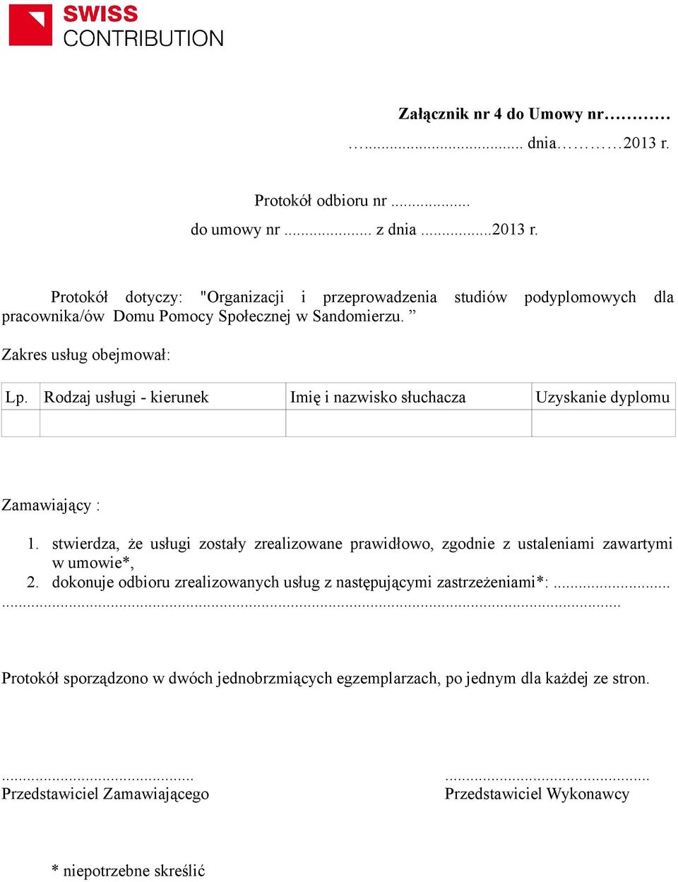 stwierdza, że usługi zostały zrealizowane prawidłowo, zgodnie z ustaleniami zawartymi w umowie*, 2. dokonuje odbioru zrealizowanych usług z następującymi zastrzeżeniami*:.