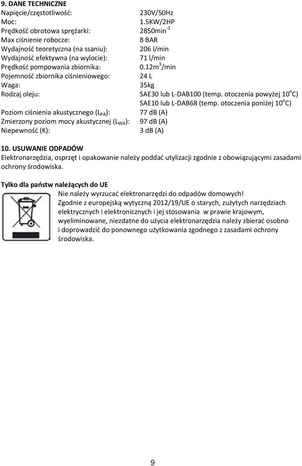 12m 3 /min Pojemność zbiornika ciśnieniowego: 24 L Waga: 35kg Rodzaj oleju: SAE30 lub L-DAB100 (temp. otoczenia powyżej 10 o C) SAE10 lub L-DAB68 (temp.