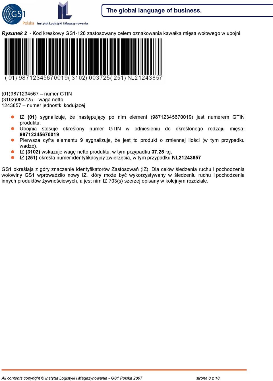 Ubojnia stosuje określony numer GTIN w odniesieniu do określonego rodzaju mięsa: 98712345670019 Pierwsza cyfra elementu 9 sygnalizuje, że jest to produkt o zmiennej ilości (w tym przypadku wadze).