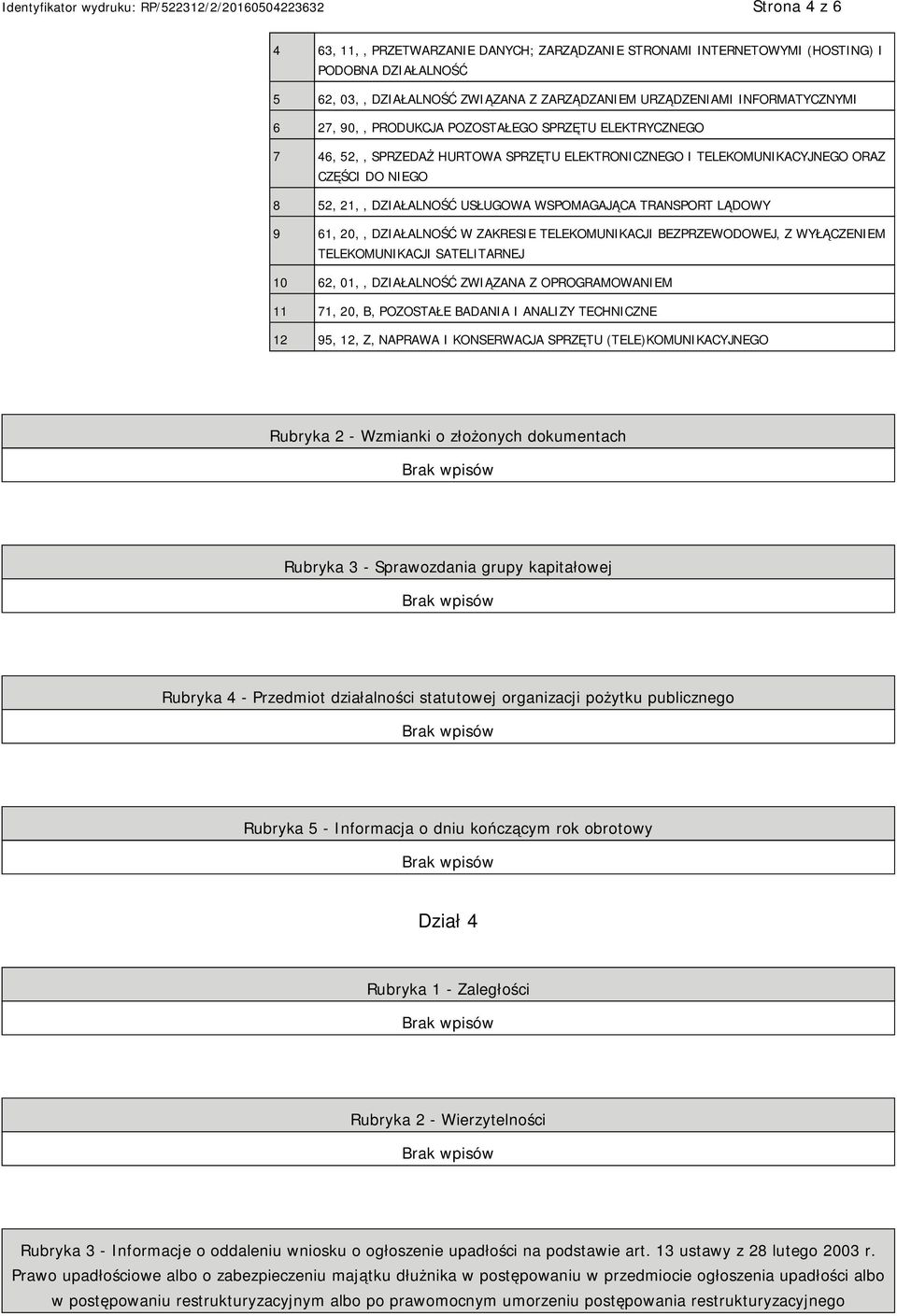 61, 20,, DZIAŁALNOŚĆ W ZAKRESIE TELEKOMUNIKACJI BEZPRZEWODOWEJ, Z WYŁĄCZEM TELEKOMUNIKACJI SATELITARNEJ 10 62, 01,, DZIAŁALNOŚĆ ZWIĄZANA Z OPROGRAMOWAM 11 71, 20, B, POZOSTAŁE BADANIA I ANALIZY