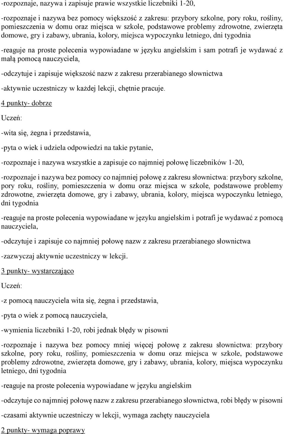 wydawać z małą pomocą nauczyciela, -odczytuje i zapisuje większość nazw z zakresu przerabianego słownictwa -aktywnie uczestniczy w każdej lekcji, chętnie pracuje.