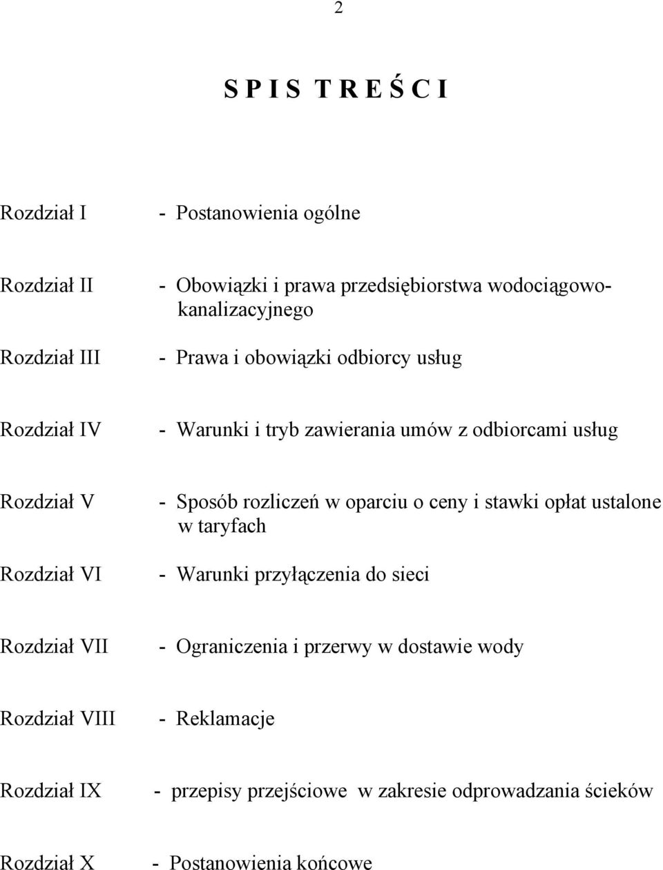 Rozdział VI - Sposób rozliczeń w oparciu o ceny i stawki opłat ustalone w taryfach - Warunki przyłączenia do sieci Rozdział VII -