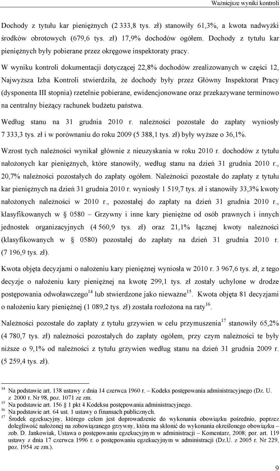 W wyniku kontroli dokumentacji dotyczącej 22,8% dochodów zrealizowanych w części 12, Najwyższa Izba Kontroli stwierdziła, że dochody były przez Główny Inspektorat Pracy (dysponenta III stopnia)