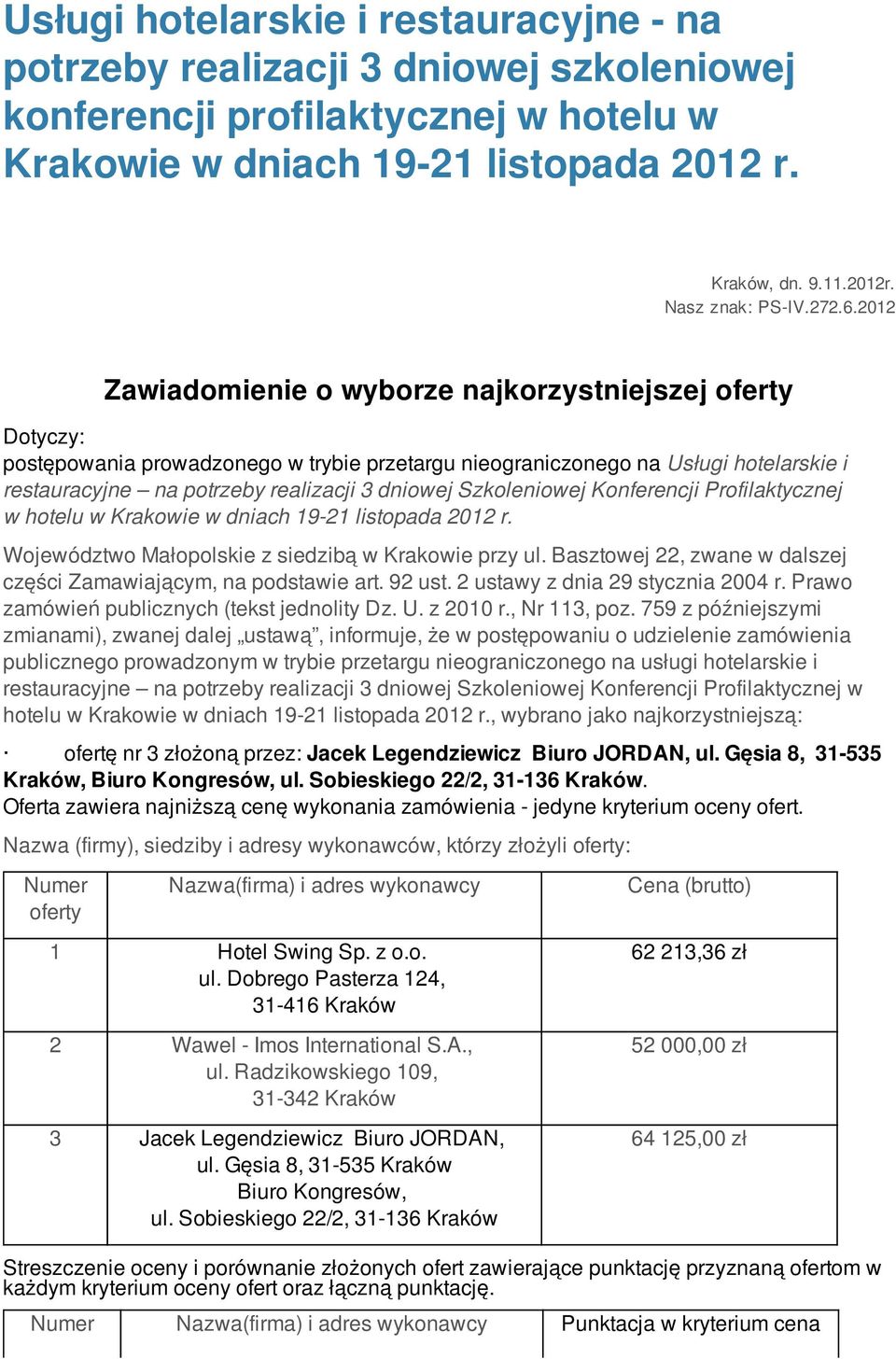 Konferencji Profilaktycznej w hotelu w Krakowie w dniach 19-21 listopada 2012 r. Województwo Małopolskie z siedzibą w Krakowie przy ul.