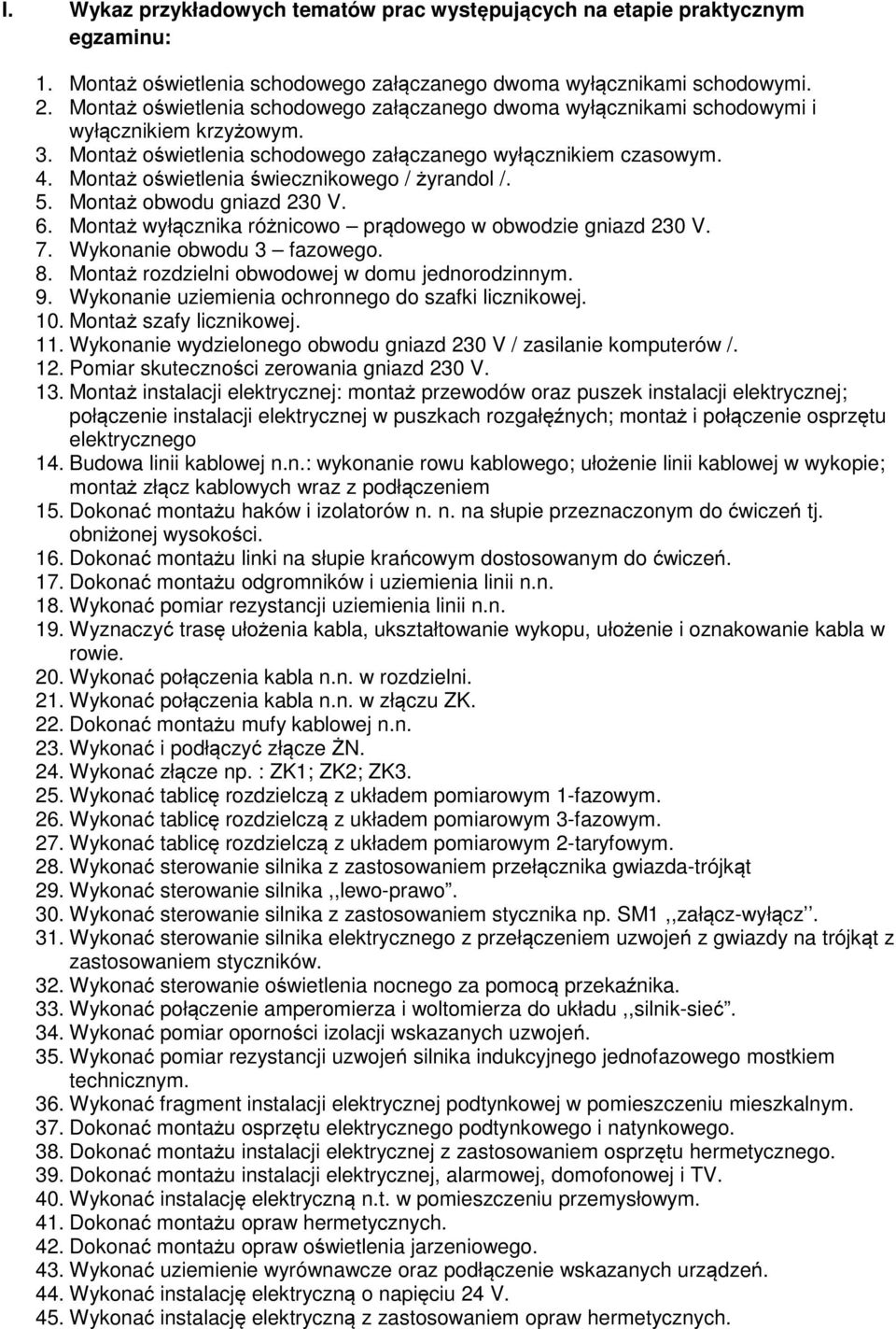 Montaż oświetlenia świecznikowego / żyrandol /. 5. Montaż obwodu gniazd 230 V. 6. Montaż wyłącznika różnicowo prądowego w obwodzie gniazd 230 V. 7. Wykonanie obwodu 3 fazowego. 8.