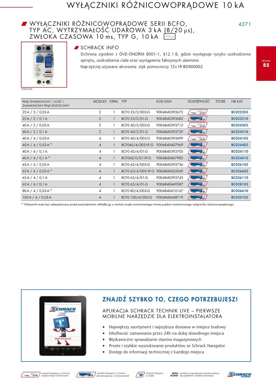 Najczęściej używane akcesoria: styk pomocniczy 1Z+1R BD900002 85 BC022203 PRĄD ZNAMIONOWY / ILOŚĆ / MODUŁY OPAK. TYP KOD EAN DOSTĘPNOŚĆ STORE NR KAT.