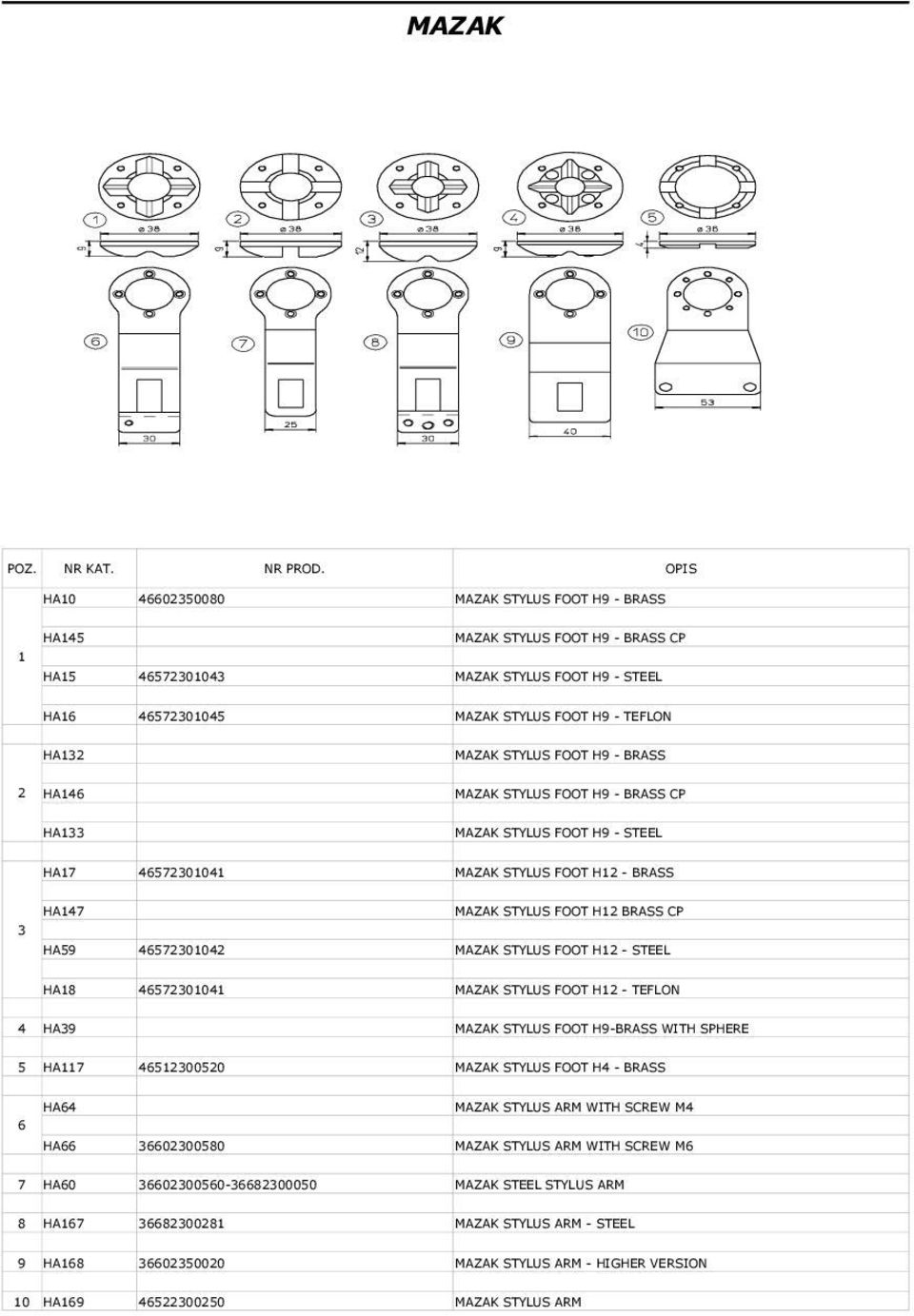 STEEL HA8 465723004 MAZAK STYLUS FOOT H2 - TEFLON 4 HA39 MAZAK STYLUS FOOT H9-BRASS WITH SPHERE 5 HA7 4652300520 MAZAK STYLUS FOOT H4 - BRASS 6 HA64 MAZAK STYLUS ARM WITH SCREW M4 HA66 36602300580