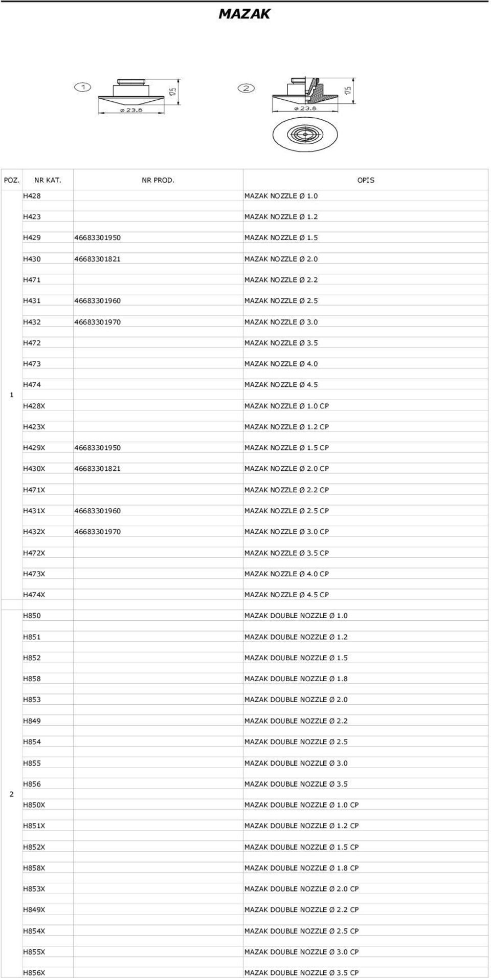 5 CP H430X 466833082 MAZAK NOZZLE Ø 2.0 CP H47X MAZAK NOZZLE Ø 2.2 CP H43X 4668330960 MAZAK NOZZLE Ø 2.5 CP H432X 4668330970 MAZAK NOZZLE Ø 3.0 CP H472X MAZAK NOZZLE Ø 3.5 CP H473X MAZAK NOZZLE Ø 4.