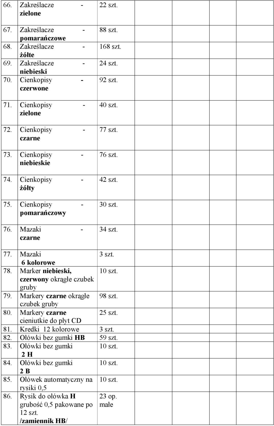 34 szt. 77. Mazaki 6 kolorowe 78. Marker niebieski, czerwony okrągłe czubek gruby 79. Markery czarne okrągłe 98 szt. czubek gruby 80. Markery czarne 25 szt. cieniutkie do płyt CD 81.