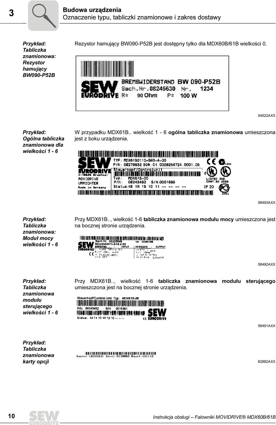 56493AXX Przykład: Tabliczka znamionowa: Moduł mocy wielkości 1-6 Przy MDX61B.., wielkość 1-6 tabliczka znamionowa modułu mocy umieszczona jest na bocznej stronie urządzenia.