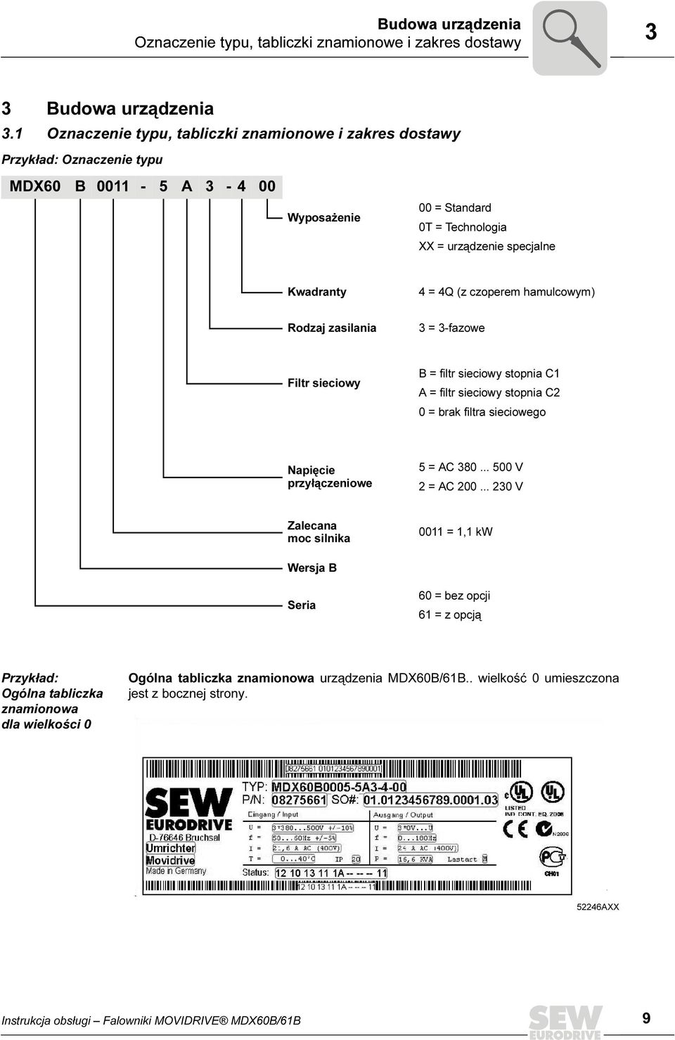 czoperem hamulcowym) Rodzaj zasilania 3 = 3-fazowe Filtr sieciowy B = filtr sieciowy stopnia C1 A = filtr sieciowy stopnia C2 0 = brak filtra sieciowego Napięcie przyłączeniowe 5 = AC 380.