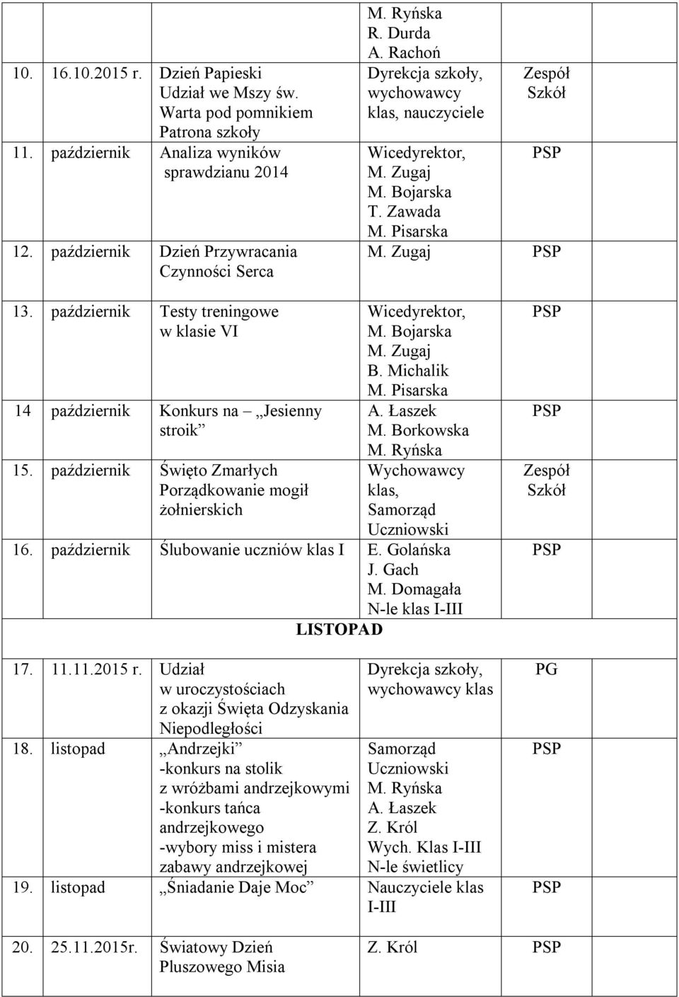 październik Ślubowanie uczniów I E. Golańska M. Domagała LISTOPAD 17. 11.11.2015 r. Udział w uroczystościach z okazji Święta Odzyskania Niepodległości 18.
