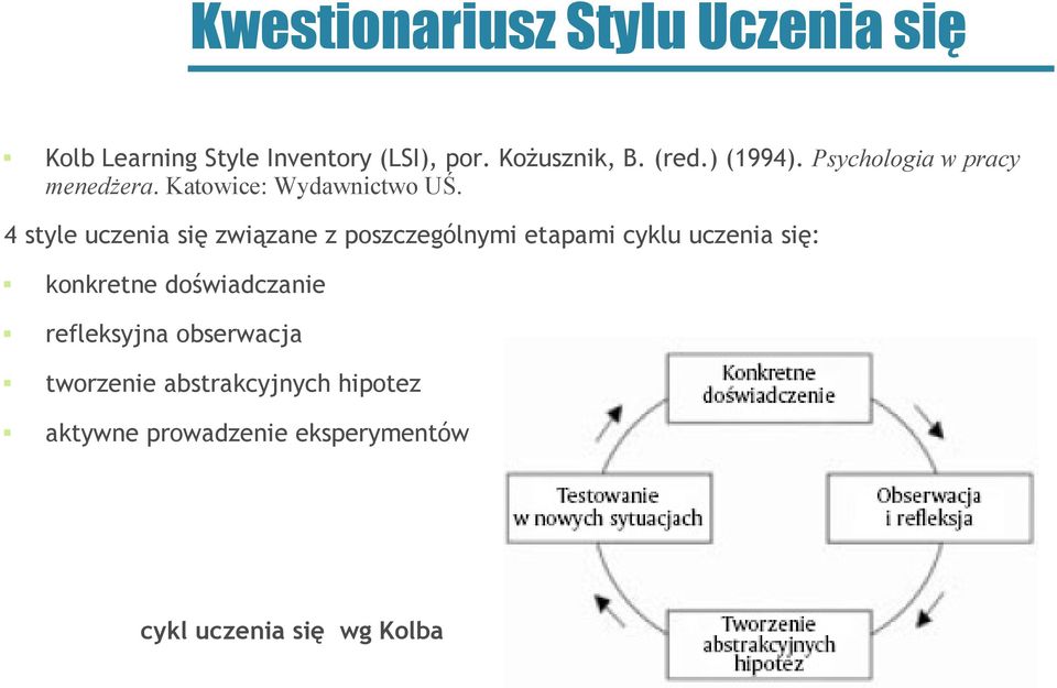 4 style uczenia się związane z poszczególnymi etapami cyklu uczenia się: konkretne