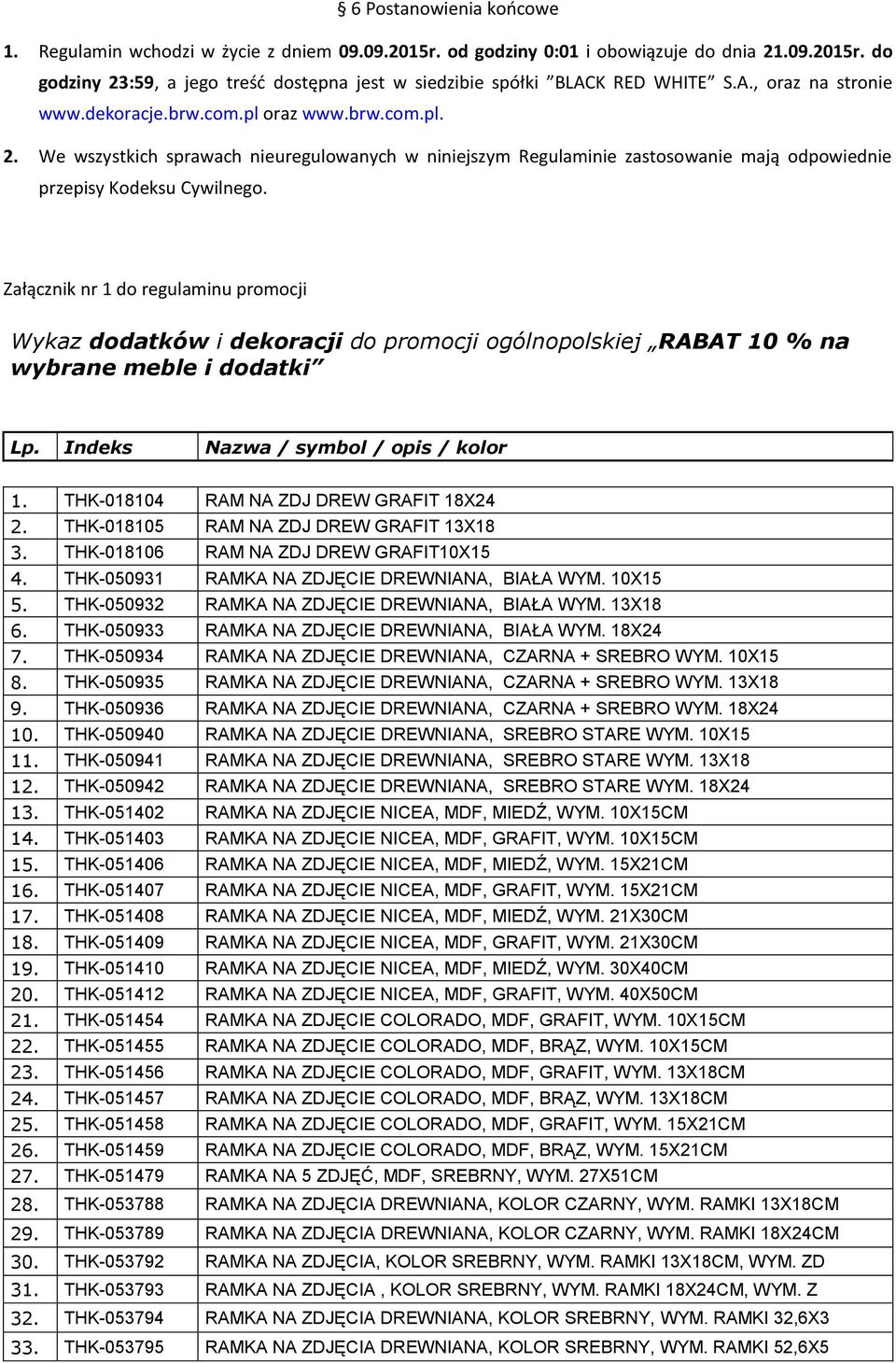 Załącznik nr 1 do regulaminu promocji Wykaz dodatków i dekoracji do promocji ogólnopolskiej RABAT 10 % na wybrane meble i dodatki Lp. Indeks Nazwa / symbol / opis / kolor 1.