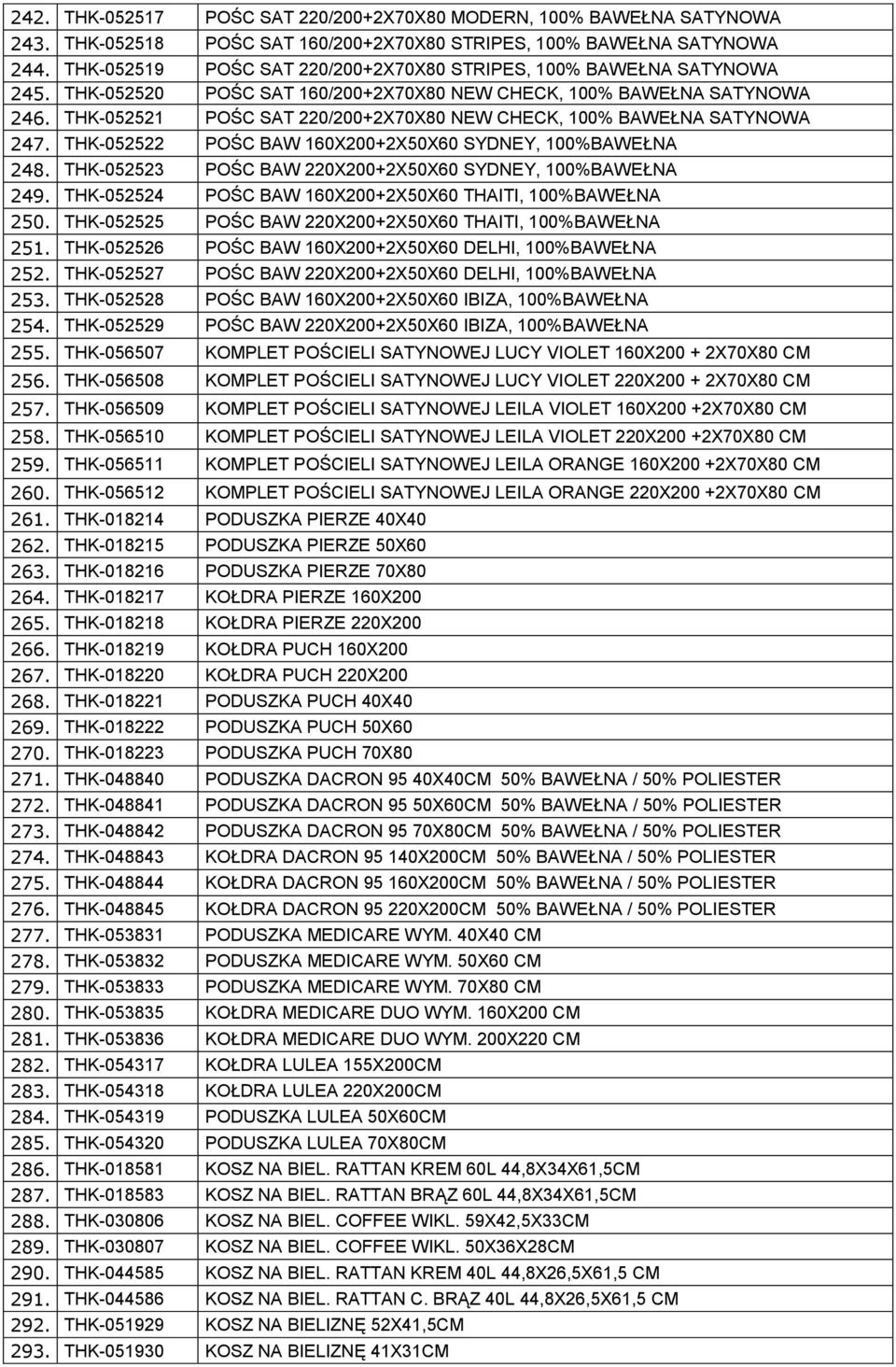 THK-052521 POŚC SAT 220/200+2X70X80 NEW CHECK, 100% BAWEŁNA SATYNOWA 247. THK-052522 POŚC BAW 160X200+2X50X60 SYDNEY, 100%BAWEŁNA 248. THK-052523 POŚC BAW 220X200+2X50X60 SYDNEY, 100%BAWEŁNA 249.
