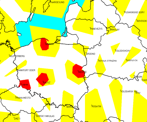 Na rys. 4.5 przedstawiono wyniki obliczeń na przykładzie przydziałów w kanale 37. Kolorem czerwonym zaznaczono wynikające obszary rezerwacji DVB-T do zaimplementowania w Polsce. Rys. 4.5 Obszary rezerwacji w Polsce (kolor czerwony) zbudowane na bazie pracujących przydziałów analogowych w kanale 37 z planu ST61 4.