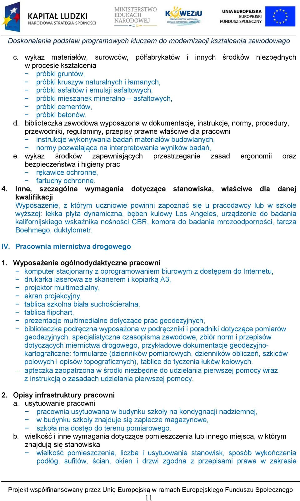 biblioteczka zawodowa wyposażona w dokumentacje, instrukcje, normy, procedury, przewodniki, regulaminy, przepisy prawne właściwe dla pracowni instrukcje wykonywania badań materiałów budowlanych,