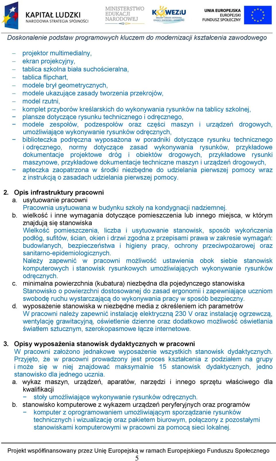 umożliwiające wykonywanie rysunków odręcznych, biblioteczka podręczna wyposażona w poradniki dotyczące rysunku technicznego i odręcznego, normy dotyczące zasad wykonywania rysunków, przykładowe