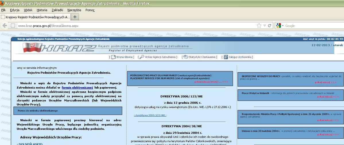 Ten sam efekt uzyskamy wpisując w pasek przeglądarki adres: www.kraz.praca.gov.pl.