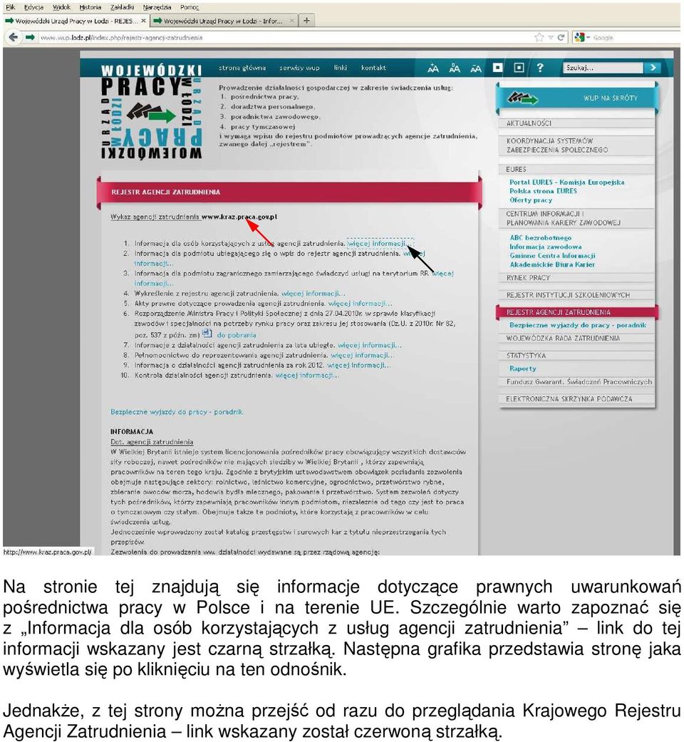 wskazany jest czarną strzałką. Następna grafika przedstawia stronę jaka wyświetla się po kliknięciu na ten odnośnik.