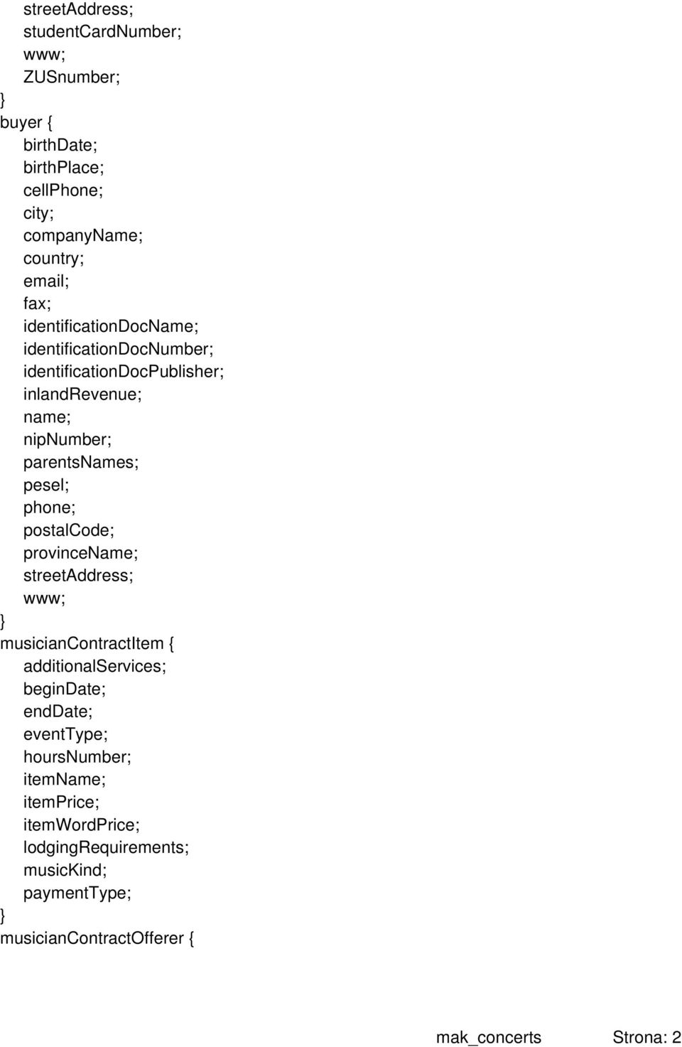 phone; postalcode; provincename; streetaddress; www; } musiciancontractitem { additionalservices; begindate; enddate; eventtype;