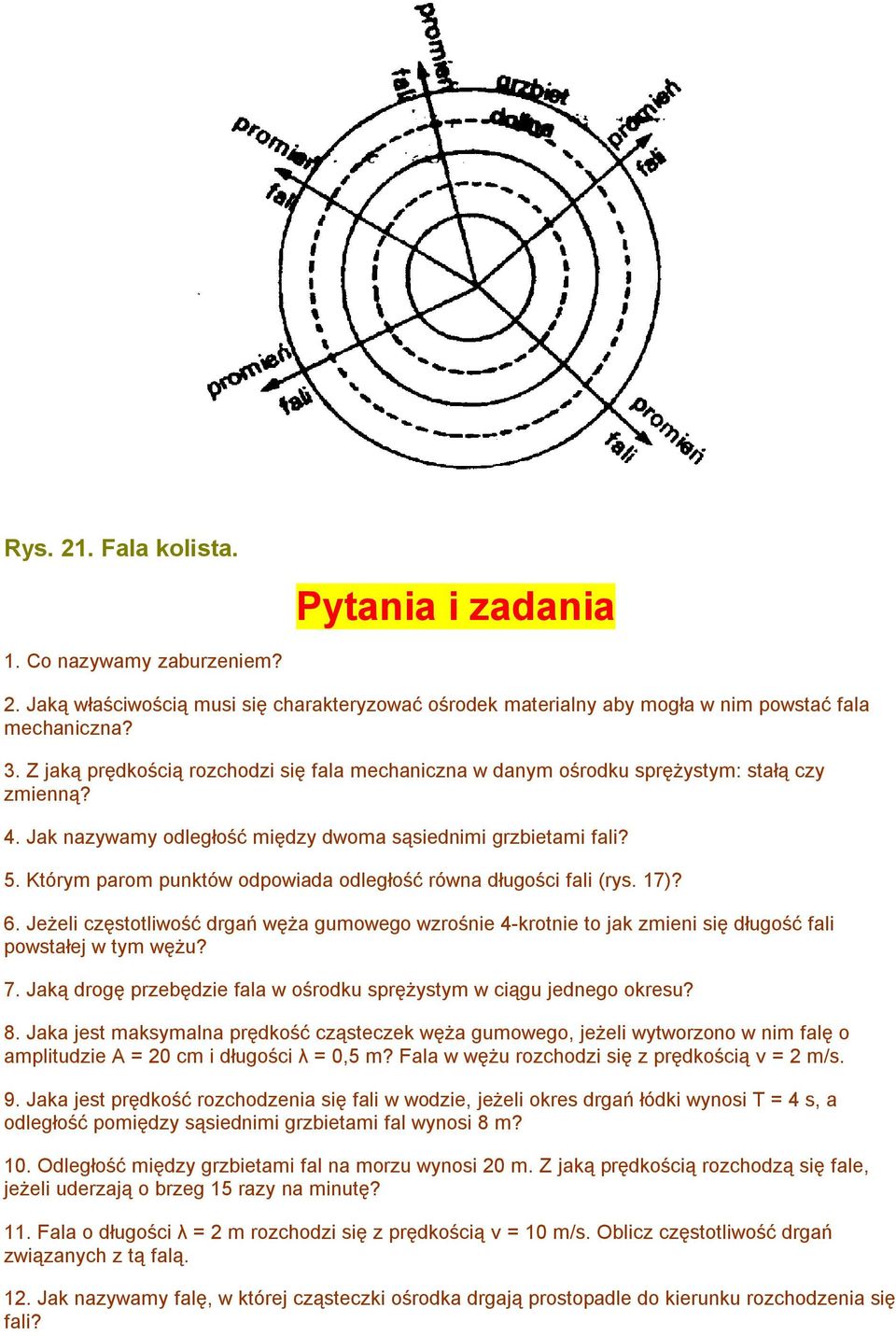 Którym parom punktów odpowiada odległość równa długości fali (rys. 17)? 6. Jeżeli częstotliwość drgań węża gumowego wzrośnie 4-krotnie to jak zmieni się długość fali powstałej w tym wężu? 7.