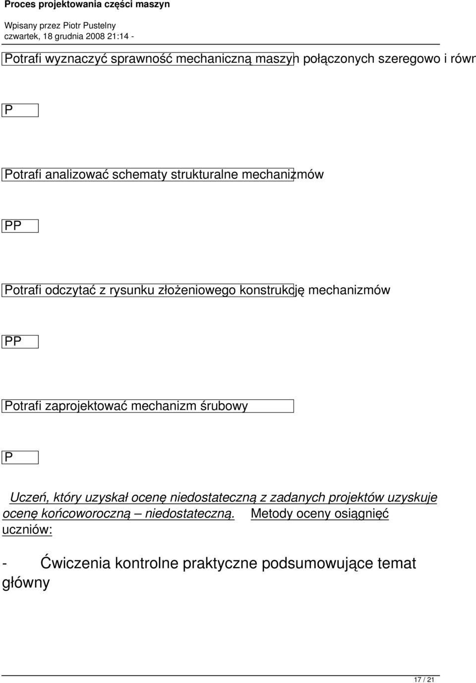 mechanizmów otrafi zaprojektować mechanizm śrubowy Uczeń, który uzyskał ocenę niedostateczną z zadanych projektów uzyskuje