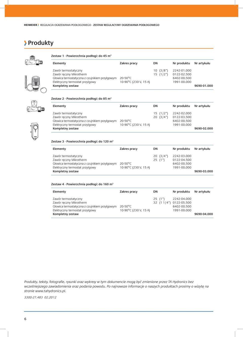 000 Kompletny zestaw 9690-01.000 Zestaw 2 - Powierzchnia podłogi: do 85 m 2 Elementy Zakres pracy DN Nr produktu Nr artykułu Zawór termostatyczny 15 (1/2 ) 2242-02.