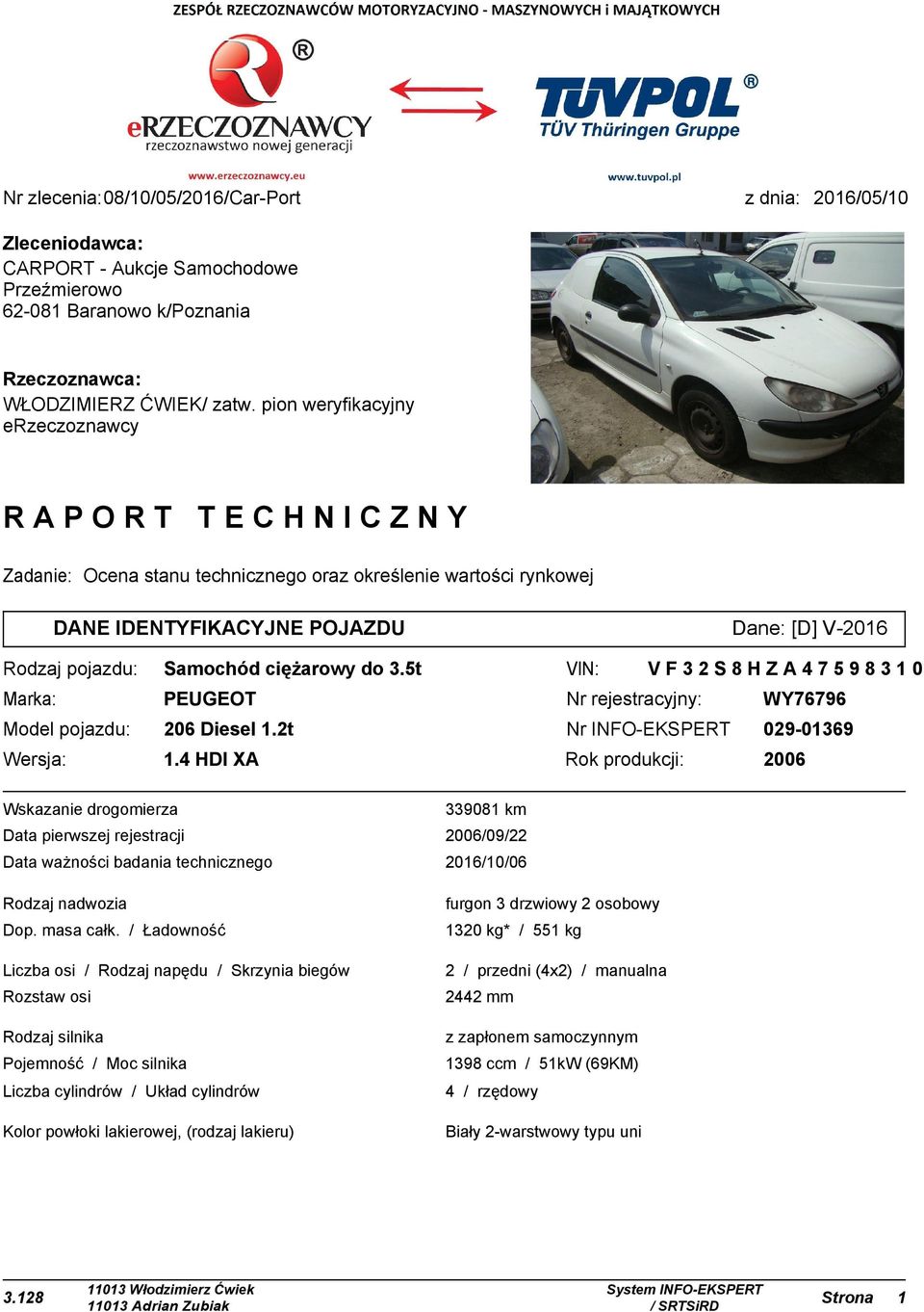 do 3.5t VIN: VF32S8HZA47598310 Marka: PEUGEOT Nr rejestracyjny: WY76796 Model pojazdu: 206 Diesel 1.2t Nr INFO-EKSPERT 029-01369 Wersja: 1.