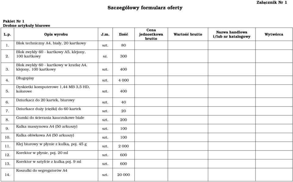 Blok zwykły 60 - kartkowy w kratkę A4, klejony, 100 kartkowy 0 Długopisy szt. 4 000 Dyskietki komputerowe 1,44 MB 3,5 HD, kolorowe 0 6. 7. 8. 9. 10. 11. 12. 13. 14.
