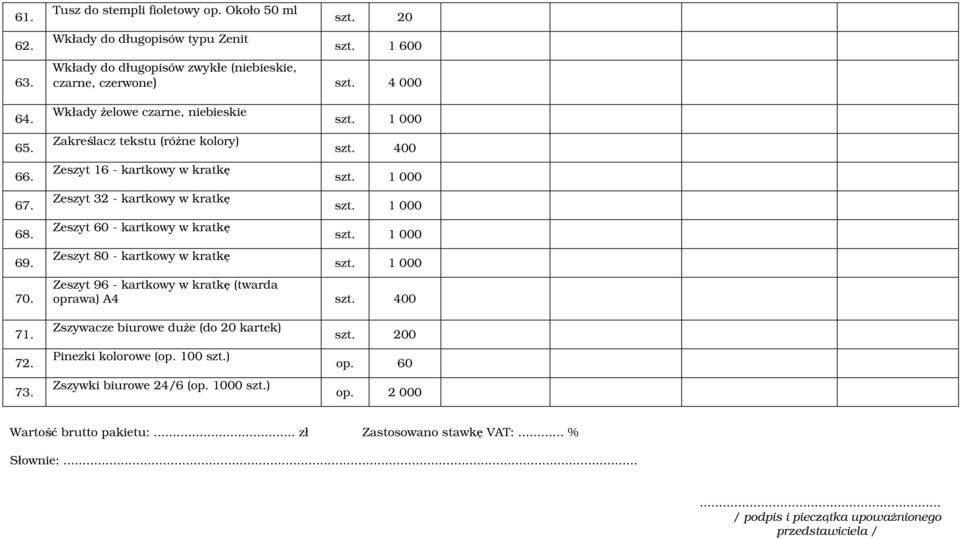 4 000 Wkłady Ŝelowe czarne, niebieskie Zakreślacz tekstu (róŝne kolory) Zeszyt 16 - kartkowy w kratkę Zeszyt 32 - kartkowy w kratkę Zeszyt 60 - kartkowy w kratkę Zeszyt 80 -