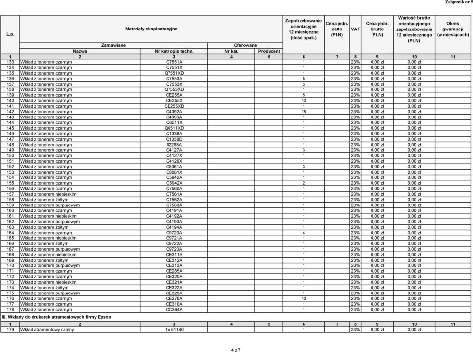 Wkład z tonerem czarnym C4092A 15 23% 0,00 zł 0,00 zł 143 Wkład z tonerem czarnym C4096A 144 Wkład z tonerem czarnym Q6511X 145 Wkład z tonerem czarnym Q6511XD 146 Wkład z tonerem czarnym Q1338A 147