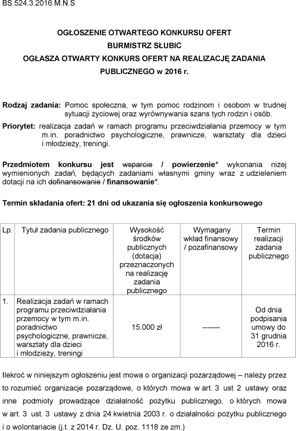 Priorytet: realizacja zadań w ramach programu przeciwdziałania przemocy w tym m.in. poradnictwo psychologiczne, prawnicze, warsztaty dla dzieci i młodzieży, treningi.