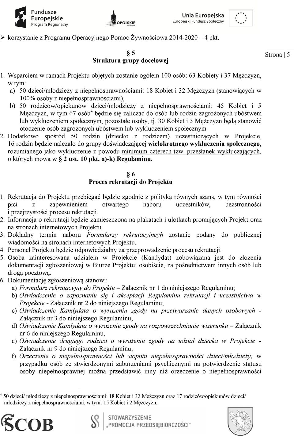 niepełnosprawnościami), b) 50 rodziców/opiekunów dzieci/młodzieży z niepełnosprawnościami: 45 Kobiet i 5 Mężczyzn, w tym 67 osób 4 będzie się zaliczać do osób lub rodzin zagrożonych ubóstwem lub