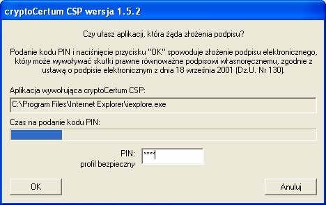 Rys. 5 Okno programu weryfikującego PIN użytkownika składającego podpis elektroniczny (w przypadku korzystania z urządzeń dostarczanych przez CERTUM S.A.) 1.2.
