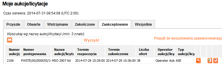 Na Konsoli Wykonawcy będzie wyświetlana wartość ostatniej złożonej oferty oraz pozycja w rankingu z chwili zakończenia aukcji/licytacji, wartość oferty prowadzącej, a także ikona żółtego młotka,