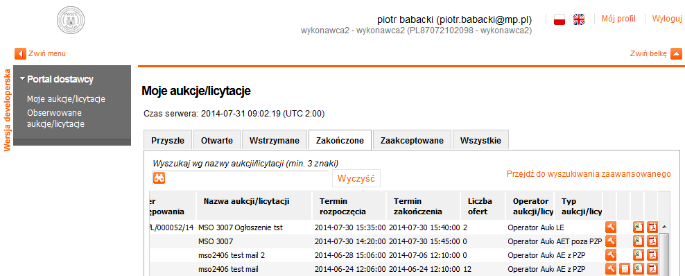 10. Wylogowanie z systemu W celu wylogowania się z Platformy należy zamknąć Konsolę Wykonawcy za pomocą, a następnie kliknąć Wyloguj w Menu Platformy Aukcyjnej.