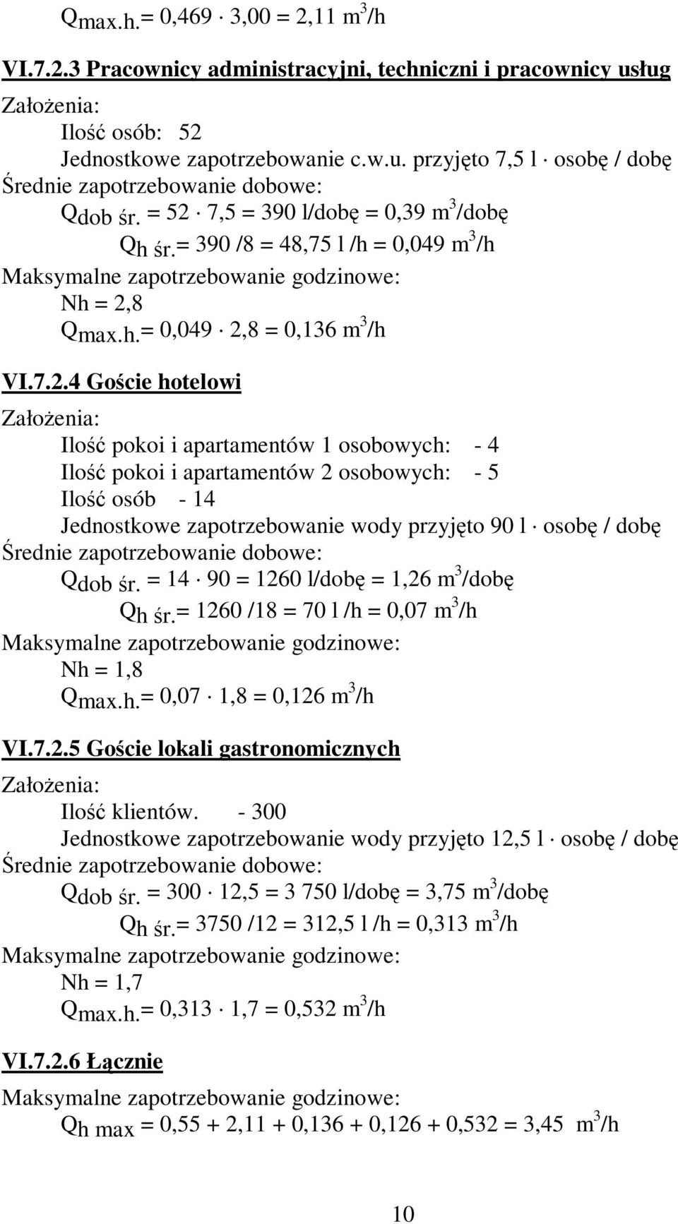 = 14 90 = 1260 l/dobę = 1,26 m 3 /dobę Qh śr.= 1260 /18 = 70 l /h = 0,07 m 3 /h Nh = 1,8 Qmax.h.= 0,07 1,8 = 0,126 m 3 /h VI.7.2.5 Goście lokali gastronomicznych Ilość klientów.