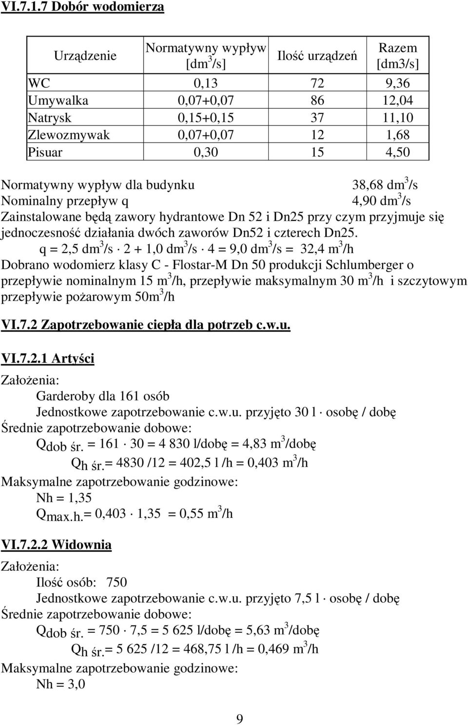 15 4,50 Normatywny wypływ dla budynku 38,68 dm 3 /s Nominalny przepływ q 4,90 dm 3 /s Zainstalowane będą zawory hydrantowe Dn 52 i Dn25 przy czym przyjmuje się jednoczesność działania dwóch zaworów
