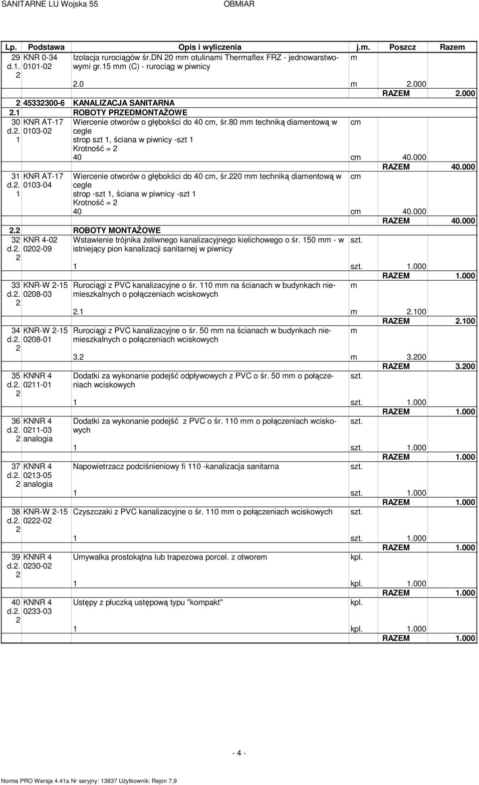 80 techniką diaentową w cegle strop szt, ściana w piwnicy -szt Krotność = c 40 c 40.000 3 KNR AT-7 d.. 0-04 RAZEM 40.000 Wiercenie otworów o głębokści do 40 c, śr.