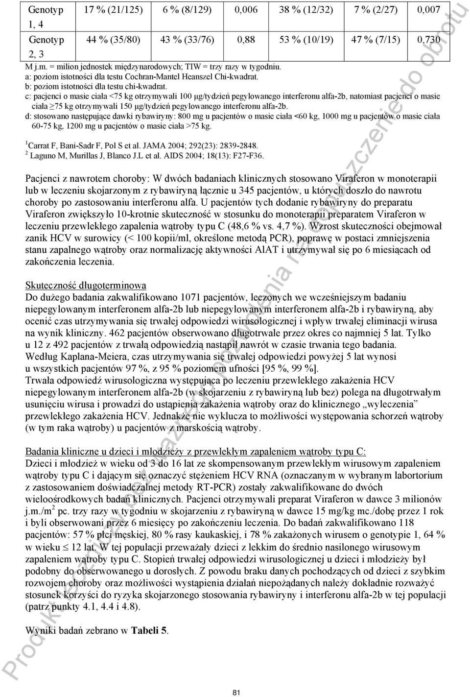 c: pacjenci o masie ciała <75 kg otrzymywali 100 μg/tydzień pegylowanego interferonu alfa-2b, natomiast pacjenci o masie ciała 75 kg otrzymywali 150 μg/tydzień pegylowanego interferonu alfa-2b.