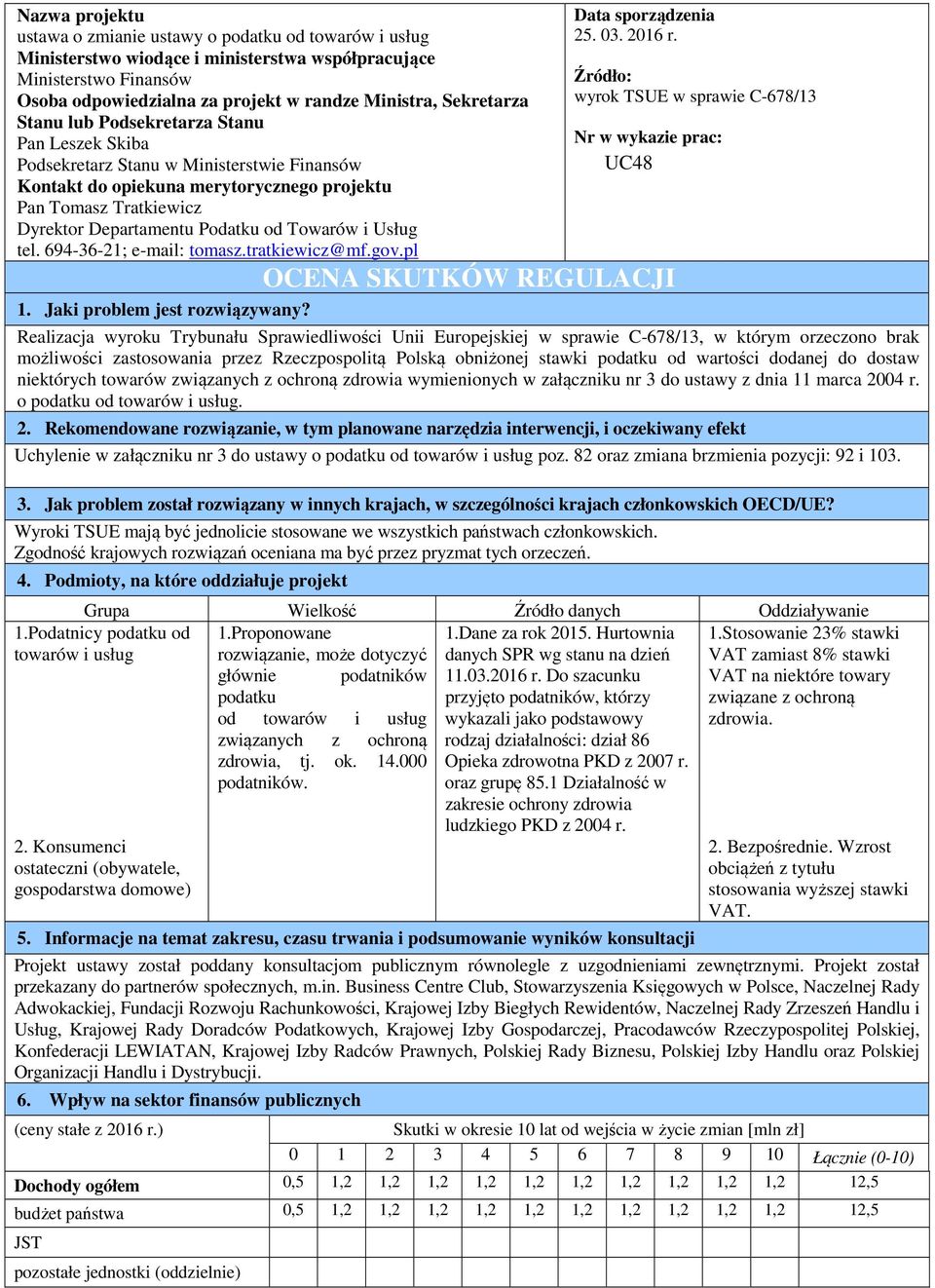 od Towarów i Usług tel. 694-36-21; e-mail: tomasz.tratkiewicz@mf.gov.pl 1. Jaki problem jest rozwiązywany? Data sporządzenia 25. 03. 2016 r.