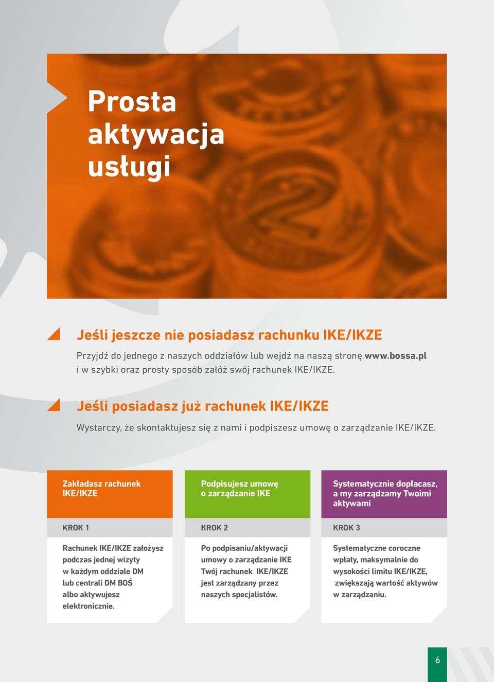 Zak³adasz rachunek IKE/IKZE Podpisujesz umowê o zarz¹dzanie IKE Systematycznie dop³acasz, a my zarz¹dzamy Twoimi aktywami KROK 1 KROK 2 KROK 3 Rachunek IKE/IKZE za³o ysz podczas jednej wizyty w ka