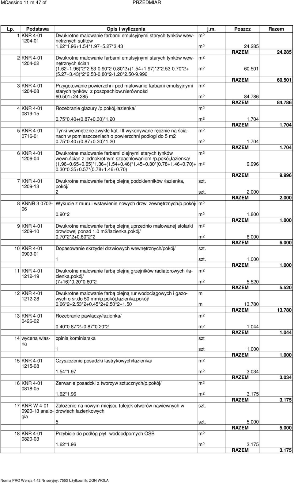 53-0.80*2-1.20*2.50-9.996 60.501 RAZEM 60.501 3 KNR 4-01 1204- Przygotowanie powierzchni pod malowanie farbami emulsyjnymi starych tynków z poszpachlow.nierówności 60.501+24.285 84.786 RAZEM 84.