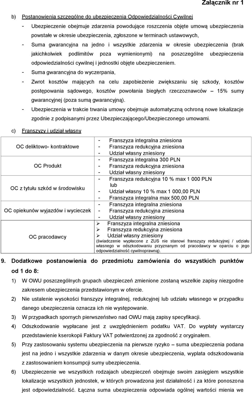 - Suma gwarancyjna do wyczerpania, - Zwrot kosztów mających na celu zapobieżenie zwiększaniu się szkody, kosztów postępowania sądowego, kosztów powołania biegłych rzeczoznawców 15% sumy gwarancyjnej